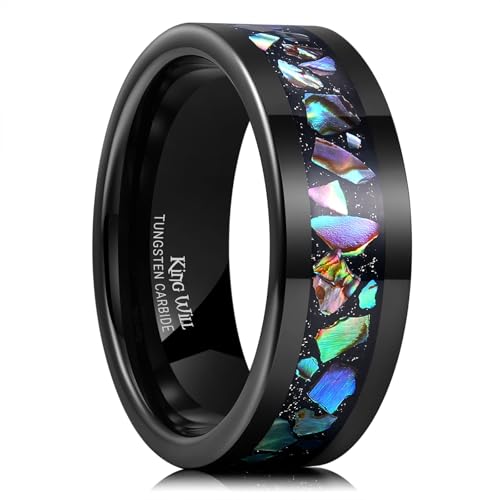 King Will Black Tungsten Wedding Band for Men Women -8mm Flat Polished Edge Ring with Large Abalone Shell Inlay, Men's Tungsten Carbide Wedding Ring Comfort Fit Size 10