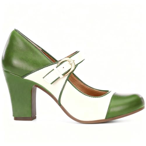Image of SHODENSE Women Vintage Chunky High Heel Mary Jane Shoes Round Closed Toe Ankle Strap Dress Sandals 3 inch Block Heels Mary Jane Lolita Pumps Two-Toned Patchwork Buckle Office Lady Wedding Retro 4-11 M US