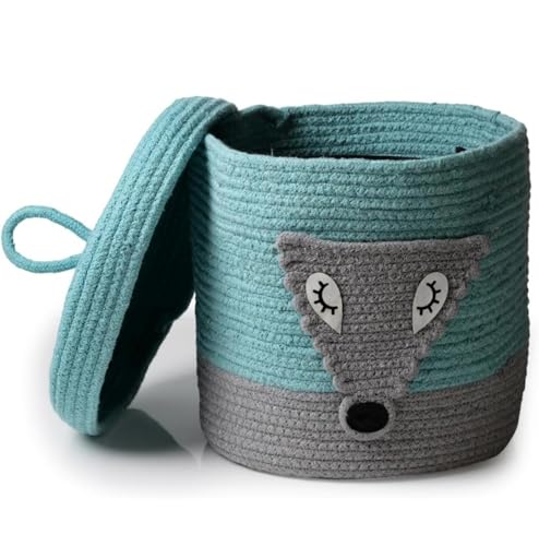 Image of Aroma Brand Kids Lid Hamper with Beautiful Characters - Rope Storage Hamper for Baby Diaper, Stuffed Animal Storage Bin Rope Hamper for Kids Toy, Baby Laundry Baskets with Lid (Sea Green Fox)