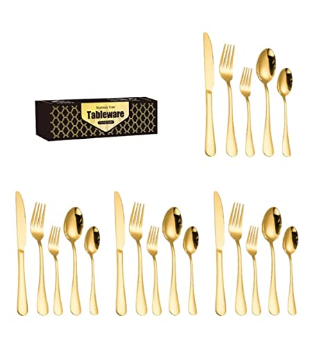 Image of aDai Combo Set of 20 Premium Gold Cutlery - Stainless Steel Luxury Dinnerware Tableware - Round Edge Serving Spoon Fork Knife - Reusable Mirror Finish for Home Kitchen Dining Table and Gift
