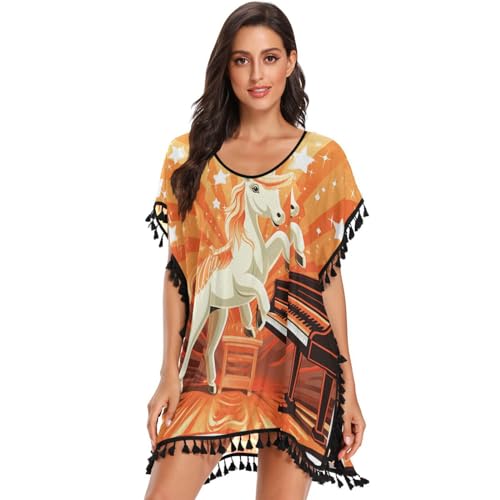 Cartoon Unicorn Cute Women's Beach Cover Up Chiffon Tassel Swimwear Swimsuit Coverups for Girl