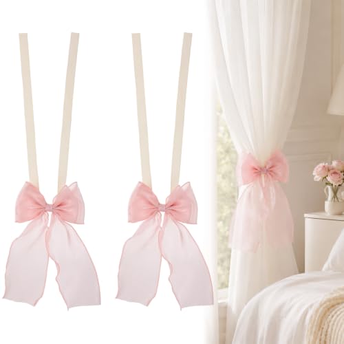 Image of Shimmeroo Bow Pink Curtain Tiebacks, 2Pcs Ribbon Bowknot Curtain Holdbacks