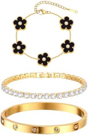 Womens Stackable Floral Gold Bracelets - 3Pcs 18K Gold Plated Bracelet,Stainless Steel Bangle Bracelets Non Tarnish, Gold Bracelet Set Trendy Jewelry,Christmas Valentines Birthday Gifts for Girlfriend