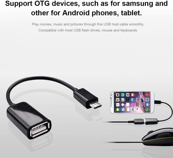 A MicroUSB OTG cable connected to a smartphone and a computer mouse, demonstrating how to connect a mouse to a mobile device.