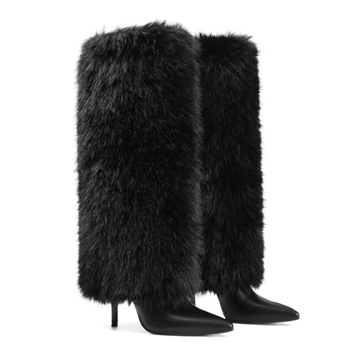 Womens Knee High Fur Boots Pointed Toe Fuzzy High Heel Dressy Fold Over Tall Boot for Women2