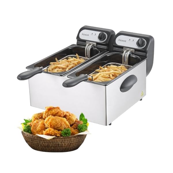 3000W Commercial Electric Deep Fryer With Baskets & Lids,2x3L Stainless Steel Double Deep Fryer,Small Deep Fryer With Basket,Temperature Control,Overheat Protection
