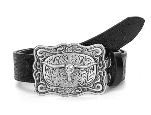 Image of Western-Cowboy-Leather-Belts for Women Turquoise-Oval-Buckle Embossed Belt