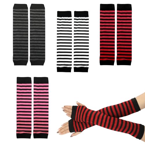 Tikplus 4 Paare Gestreift Stricken Armwärmer Damen, Streifen Fingerlose Armstulpen Handschuhe, Damen Lange Fingerlose Handschuhe für Punk, Rock Stilabstimmung