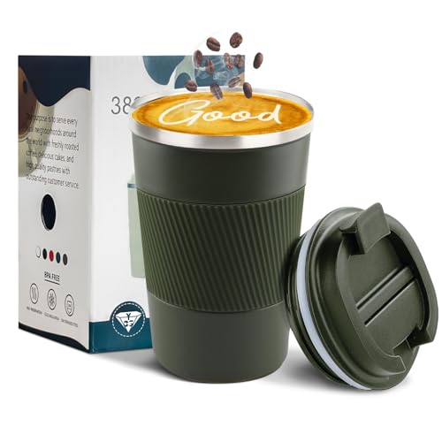 YINBAOGE Insulated Travel Coffee Mug, Spill & Leak Proof, Portable To Go Camping Stainless Steel Coffee Tumbler, Reusable Thermal Coffee Cup with Lid for Hot & Cold Drinks (Green, 12 OZ)