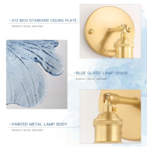 Image of Flower Bathroom Vanity Light Vintage Gold Wall Sconce Blue Glass Shade Mid Century Modern Vanity Lamp Decor Art Vanities Light Adjustable Hardwired Wall Lighting for Over Mirror