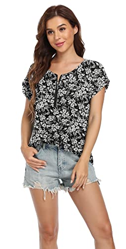 Viishow Summer Tops For Women Casual Rolled Cuff Zip Chiffon Floral Blouse Fashion Boho Tops,Black Print,Xx-Large #TOP1