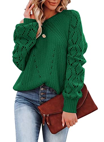 Fekoafe Christmas Pullover Lightweight Sweaters For Women Solid Color Long Sleeve Knit Lace Sexy V Neck Crochet Tops Green L #TOP11