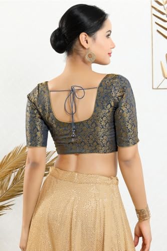 Image of Vamas Women's Brocade & Georgette Padded Self Design Half Sleeve Readymade Saree Blouse (X-1126.ELB)
