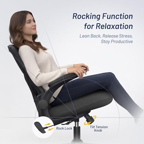 Image of Office Desk Chair for Long Hours & Lower Back Pain Relief - 4 inch Thick Molded Foam Cushion, Enhanced Lumbar Support, Padded Flip-up Armrests, Ideal for Office or Study, Black