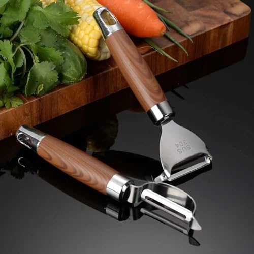 Image of 2 Pcs Vegetable Peeler Set with Sharp Stainless Steel Blades and Wooden Handles, Multi Function Fruit and Kitchen Peeler for Potatoes, Carrots, Cucumbers, Pumpkins and Everyday Food Preparation