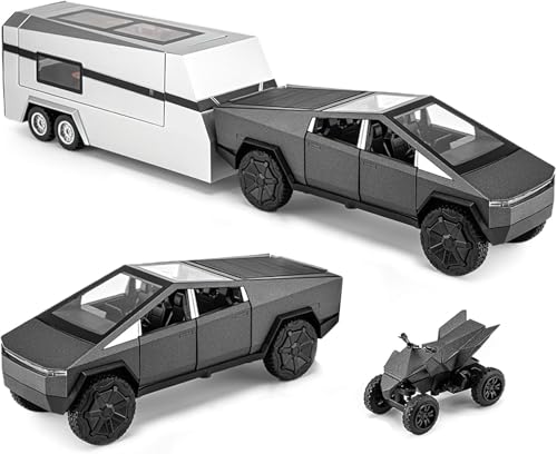 Image of 1:32 Scale Die-Cast Tesla CyberTruck with Pick-Up Trailer with 6 Openable Doors Pull Back Toy Car with Lights & MusicToy Car Gift for Kids (1:32 Cybertruck - Random Color)