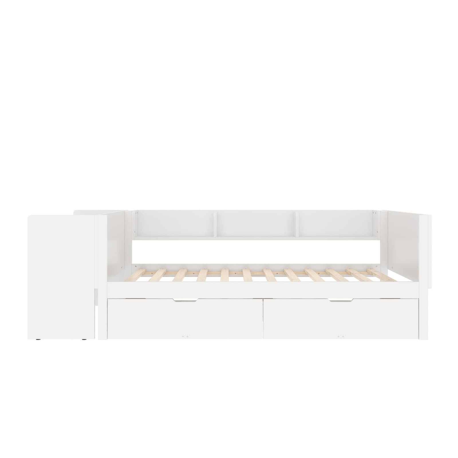 KOMHTOM 90x200/140x200cm Lit Plat avec 2 Tiroirs et Sommier à Lattes, Lit en Bois Multifonctionnel avec Bureau et étagères(sans Matelas) (Blanc-avec tiroirs, 90x200cm)