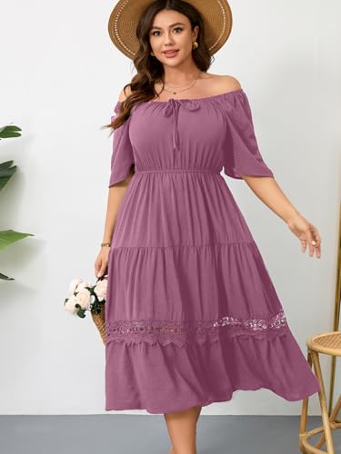 Image of RWJ Women's Plus Size Maxi Dress Short Sleeve Square Neck Flowy A-Line Lace Trim Flutter Party Casual Off Shoulder Dresses