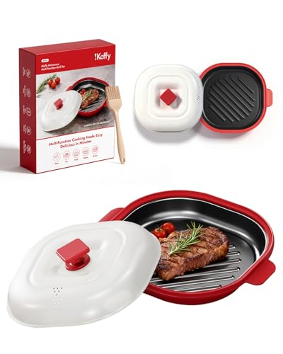 iKoffy Microwave Grill Pan - Get Real Grill Marks in 5 Minutes Multi-Cooker (Bake/Fry/Steam) for Steak Bacon & Veggies. Nonstick Dishwasher Safe for RV/Dorm/Office Use Includes Brush