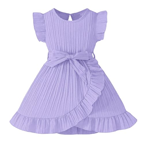 Girls Summer Dresses Wave Trim Flutter Sleeve Round Neck Dress with Belt Lightweight Flowy Casual Dress