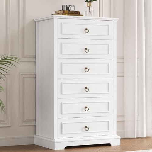 HOSTACK-6-Drawer-White-Dresser-52-Tall-Dresser-Vertical-Dresser-Modern-Farmhouse-Chest-of-Drawers-Wood-Closet-Dresser-Storage-Dresser-Chest-for-Living-Room-Hallway-Entryway HOSTACK 6 Drawer White Dresser 52 Tall Dresser Vertical Dresser Modern Farmhouse Chest of Drawers Wood Closet Dresser Storage Dresser Chest for Living Room Hallway Entryway
