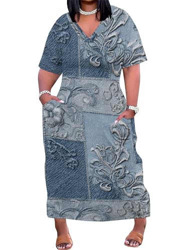 Image of SUZONANA Womens Plus Size 3D Denim-Print Fashion Maxi Dresses Casual Soft Tshirt Dress
