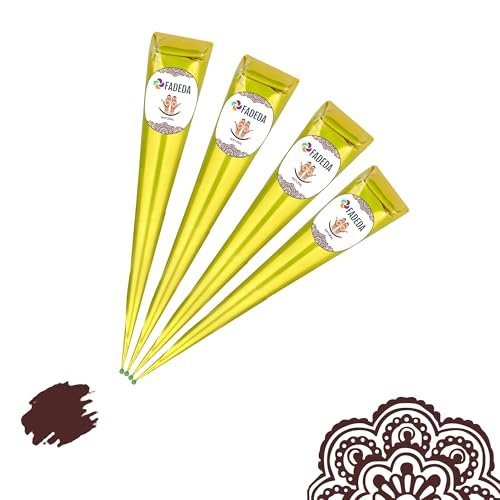 FADEDA Lot de 4 cônes de henné | 4 x 25 g de pâte naturelle | Marron naturel | 100 % végétal | Prêt à l'emploi et sans PPD