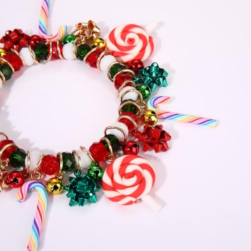 Christmas Beaded Bracelets for Women Fun Candy Cane Lollipop Present Bow Jingle Bell Pendant Elastic Stretch Bracelet Xmas Red Green Beads Friendship Holiday Party Bangle Wrist Jewelry Gift3