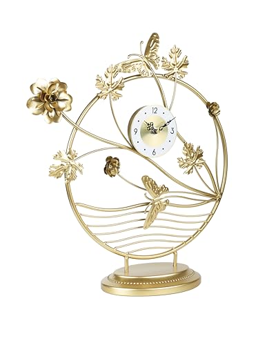 Image of Modern Table Clock, Large Desk Clock with Butterfly Design, Metal Tabletop Clock Silent Non-Ticking with Battery Powered for Bedroom, Living Room (MO-14)