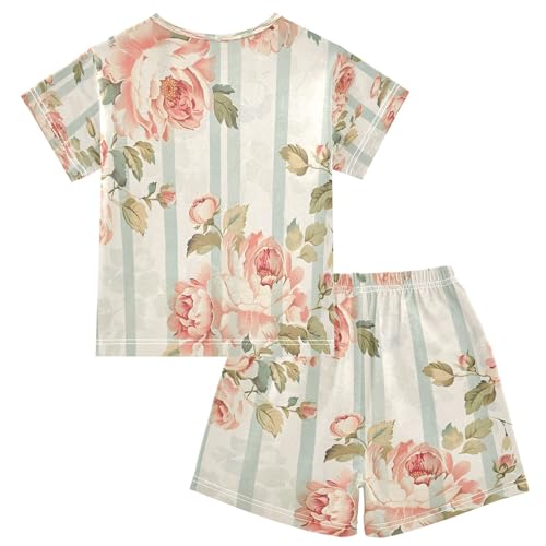 Flowers Striped Background Kids Pjs Set Boys Girls Summer Short-Sleeve Sleepwear Pajamas 2PCS2