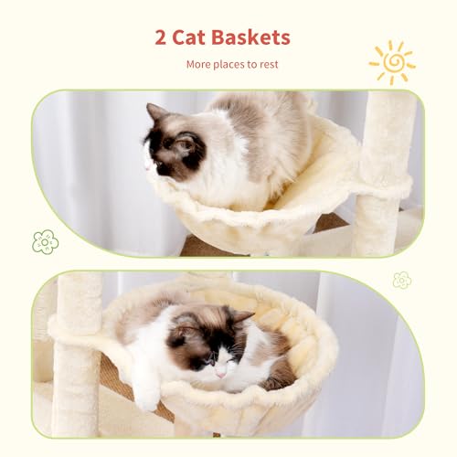 Image of Hey-brother Cat Tree Tower, Scratching Posts with Extra Large Platform, Specious Condo, 2 Cozy Hammocks, Self-Grooming Brush for Indoor Adult Cats, Maine Coon 51.1 inches, Beige MPJ070M