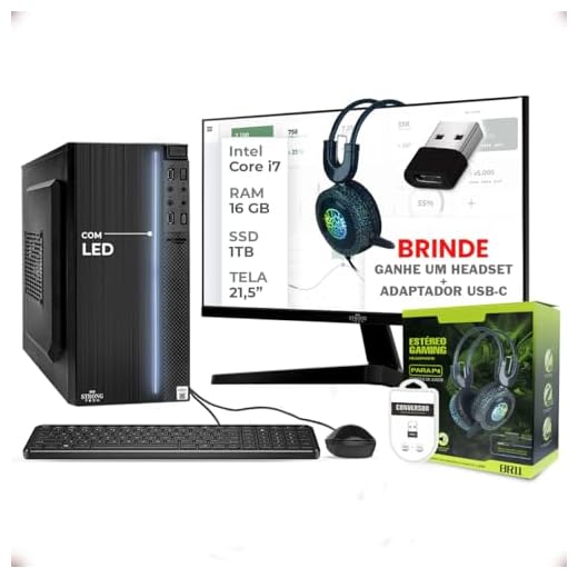 Computador Completo Intel Core i7 16GB SSD 1TB + Headset + Adaptador USB-C Monitor 21,5" 4 Núcleos Super Turbo Pc Hdmi Teclado e Mouse Strong Tech