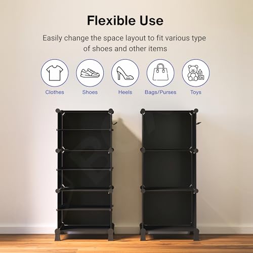 Image of BOXJOY 6 Shelf Shoe Rack with 3 Transparent Doors, 5 Hook Steel Holder & Wooden Hammer, Home Storage PP Plastic Organizer with Metal Door Frame to Cover Chappal Slipper Sandals Shoes Box Stand (Black)