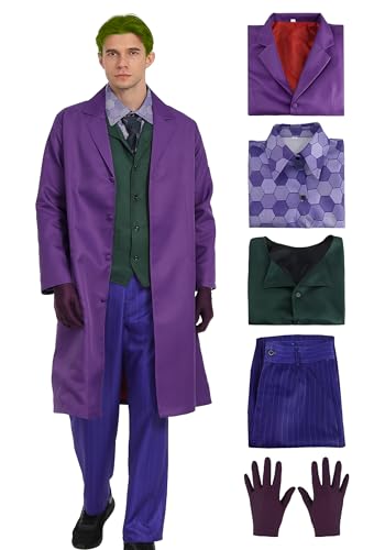 PartAwake Disfraz de Halloween para hombre, disfraz de asesino de Halloween con abrigo lila, chaleco verde, pantalones para Halloween, carnaval, cosplay, accesorios para disfraz (M)