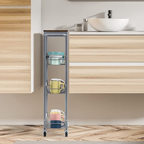 4 Tier Slim Storage Cart, Shelving Unit For Small Space, Slide Out Narrow Kitchen Cart With Wood Top, Metal Handle And Wire Mesh Rolling Cart For Narrow Space On Kitchen, Bathroom, Silver. #TOP1