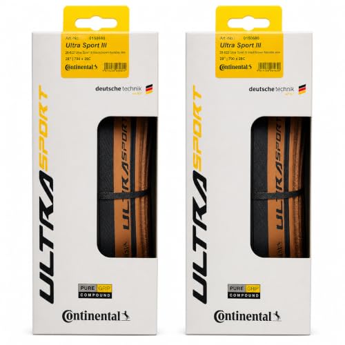 Image of Continental Ultra Sport III - Black /Brown - Road Bike Tire | Versatile Road Tire with Modern Tread Design - E25 Ebike Rated - PureGrip, 2 Pack