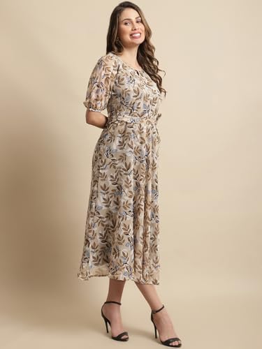 Preneum Women's Maxi Fit & Flare Latest Style Print Georgette Regular Sleeves Casual Summer Maxi Dress || Festival & Occasion, Brown, M