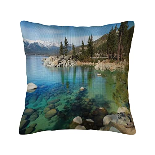 Housses de Coussin en Coton et Lin,American Places Mountains avec Snow Rocks dans Le lac California Summer, taie d'oreiller carrée Maison canapé décoration Housse de Coussin 18 'x 18'