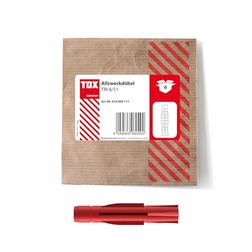 TOX 8x51 mm, Allzweckdübel TRI, Dübel für zuverlässige Befestigungen in Fast Allen Baustoffen, 6 Stück in Einer wiederverschließbaren und umweltschonenden Papierverpackung, 010600111, Rot