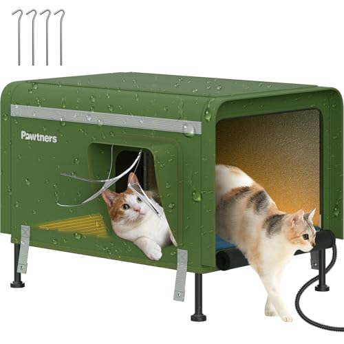 Pawtners Heated Cat House for Outside, Outdoor Insulated Kitty Shelter with Heated Pad and Escape Door, Warm Cozy Pet House Covered with Weatherproof 900D Oxford Cloth for Feral Stray in Winter
