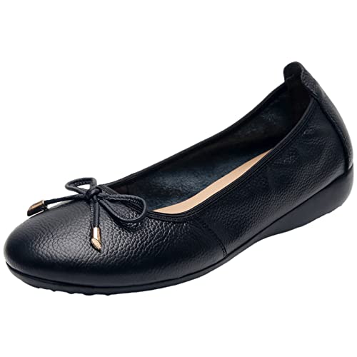 ANUFER Femmes Cuir Véritable Petit Talon Compensé Ballerines Joli Noeud Papillon Mou Glisser sur Pompes Chaussures Dolly Noir SN070519 EU38