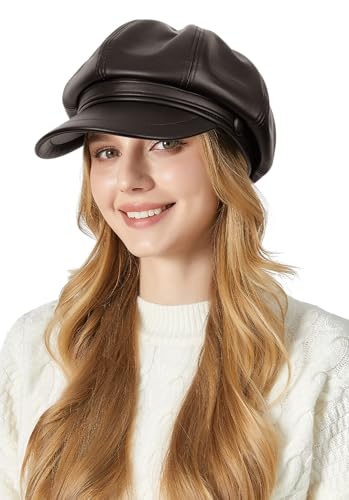 Adigau Damen Pu-Leder Mütze Elegante Baskenmütze Einfarbige Casual Newsboy Mütze Vintage Achteckiger Hut Einheitsgröße Frühling Herbst Winter Braun