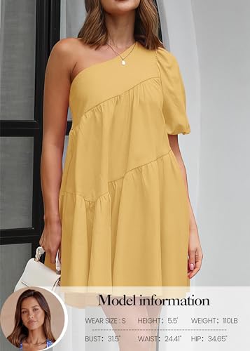 Image of KIRUNDO Summer One Shoulder Mini Baby Doll Dresses Women 2026 Casual Puff Sleeve Loose Tiered A Line Flowy Short Dress