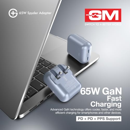 Image of GM G+ 65W Spyder GaN Charger | Foldable Indian Pin | Travel Friendly | Compact Dual-Type-C Port | Fast Charging for iPhone, Samsung, Laptop, MacBook Air, MacBook M4 | 1 Year Warrant | Light Blue