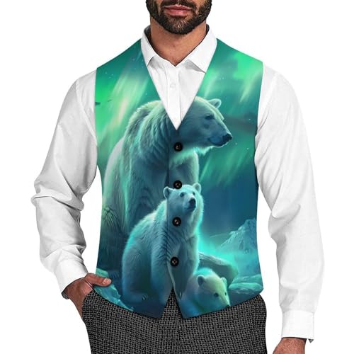Family Polar-Bear Northern Lights Novelty Men's Suit Vest Casual Formal Dress Vests Business Waistcoat