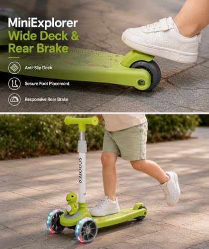 Image of MiniExplorer Zoomie Kids Kick Scooter with LED Wheels, 3 Wheel Scooter for Boys & Girls, Adjustable Height Handle, Foldable Lightweight Scooter for Kids Age 3+ Years - Dino