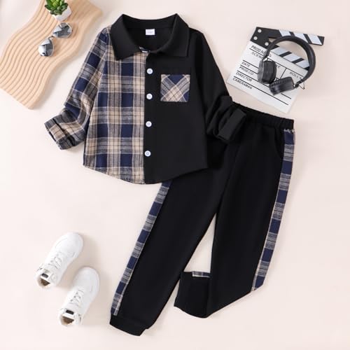 Image of Boy Clothes Fall Winter Outfits Long Sleeve Plaid Patchwork Button Down Shirt + Casual Pocket Sweatpants 5-14 Years