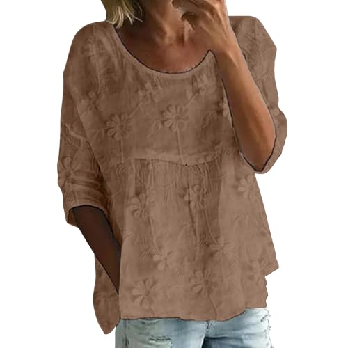Damen Bluse 3/4 Ärmel Rundhalsausschnitt, Lockeres T-Shirt In Großer Größe Sommer Blumenmuster Bestickte Hemden Halbarm Freizeitoberteile Langarm Teenager Mädchen Boho Shirts