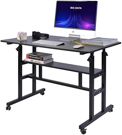 AIZ Mobile Standing Desk, Adjustable Computer Desk Rolling Laptop Cart on Wheels Home Office Computer Workstation, Portable Laptop Stand Tall Table for Standing or Sitting, Black 31.5" x 19.7"