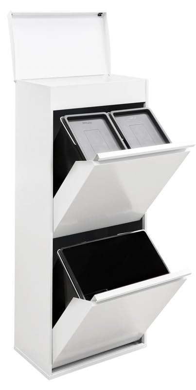 Arregui Top CR421-B Cubo de Basura y Reciclaje de 3 Compartimentos con Cajón Superior | 11+11+23 L (45 L) | con Cubetas para Envases y Orgánico | Contenedores de Reciclaje de Cocina | blanco